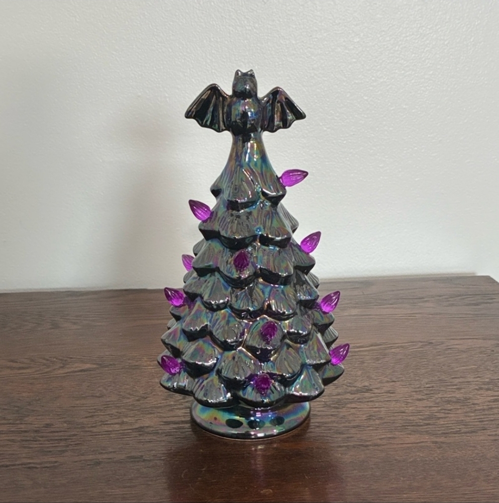 Iridescent Tree Halloween with Purple Lights/Led Bat 🦇Ceramic Black Silk Tree🦇